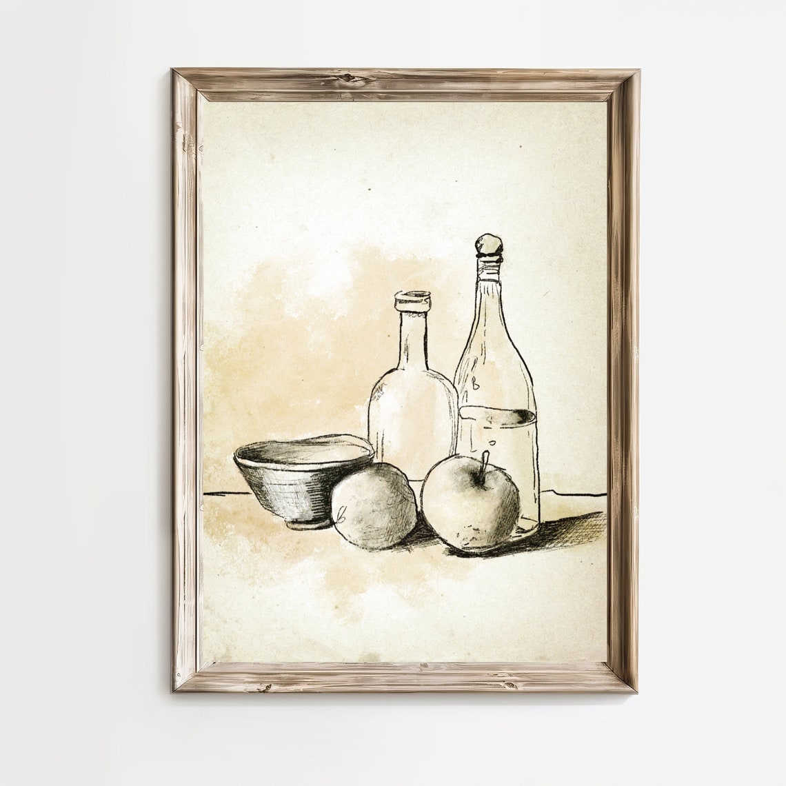 Vintage Still Life Ink Sketch Two Bottles Bowl Apples Kitchen Print