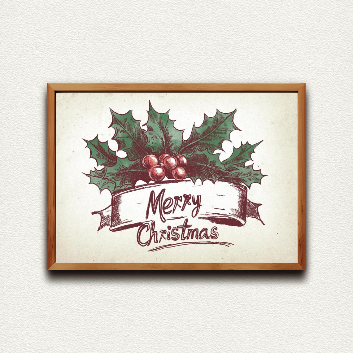 Merry Christmas Ribbon Banner With Holly Berries Vintage Poster - Image 4
