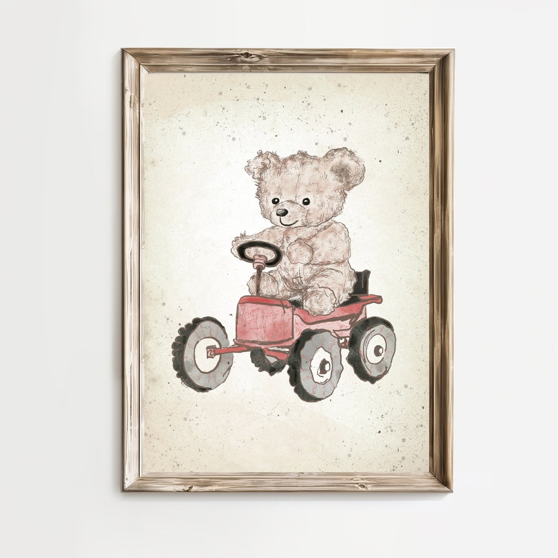 Teddy Bear Driving Red Tractor Sketch Farm Nursery Toy Poster