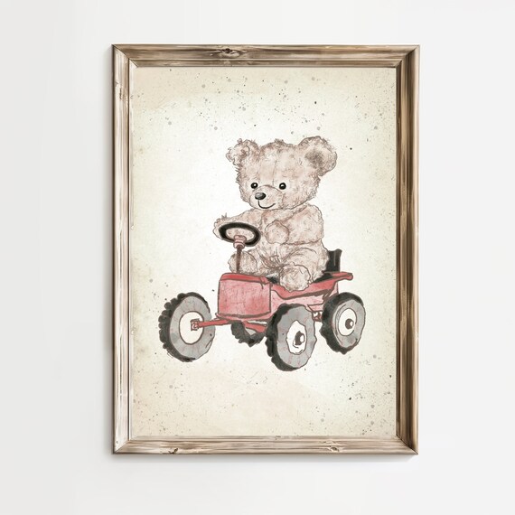 Teddy Bear Driving Red Tractor Sketch Farm Nursery Toy Poster