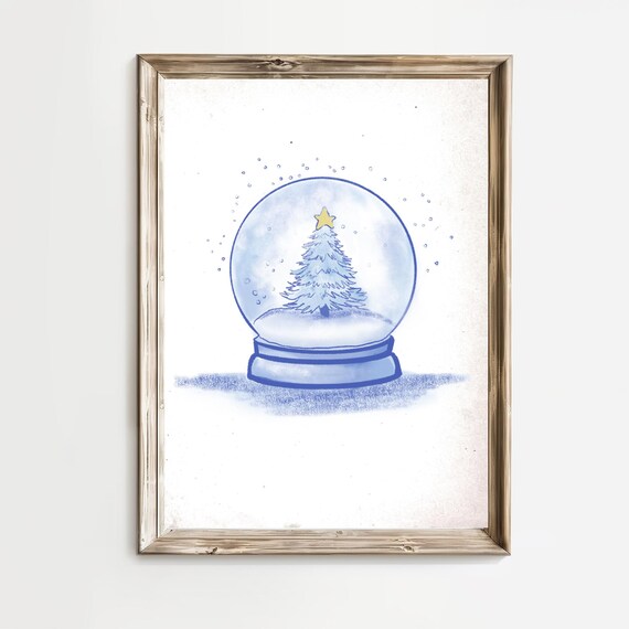 Christmas Tree Snow Globe In Blue Vintage Holiday Sketch Poster