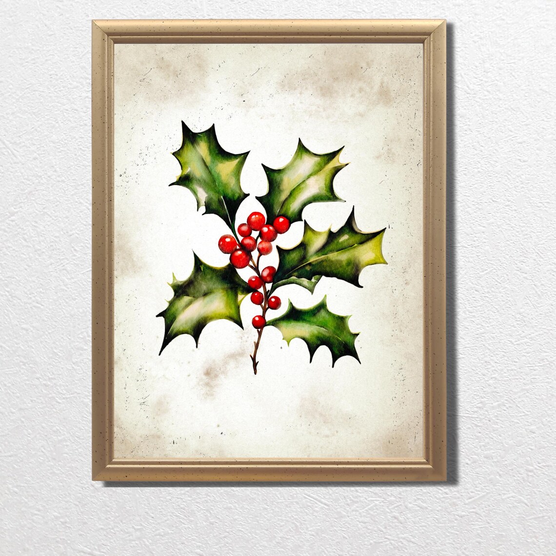 Christmas Holly Sprig With Red Berries Watercolor Holiday Poster - Image 3