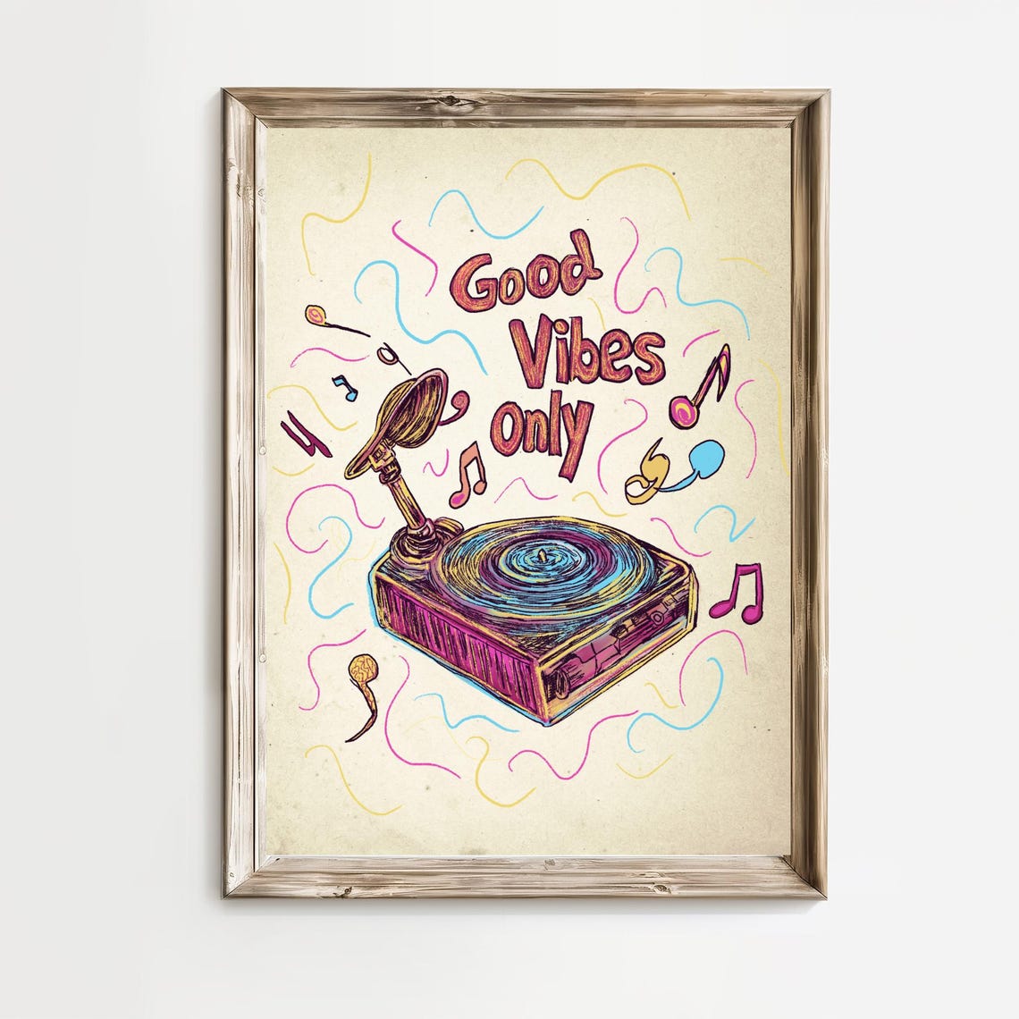 Good Vibes Only Retro Record Player Fun Music Quote Wall Poster