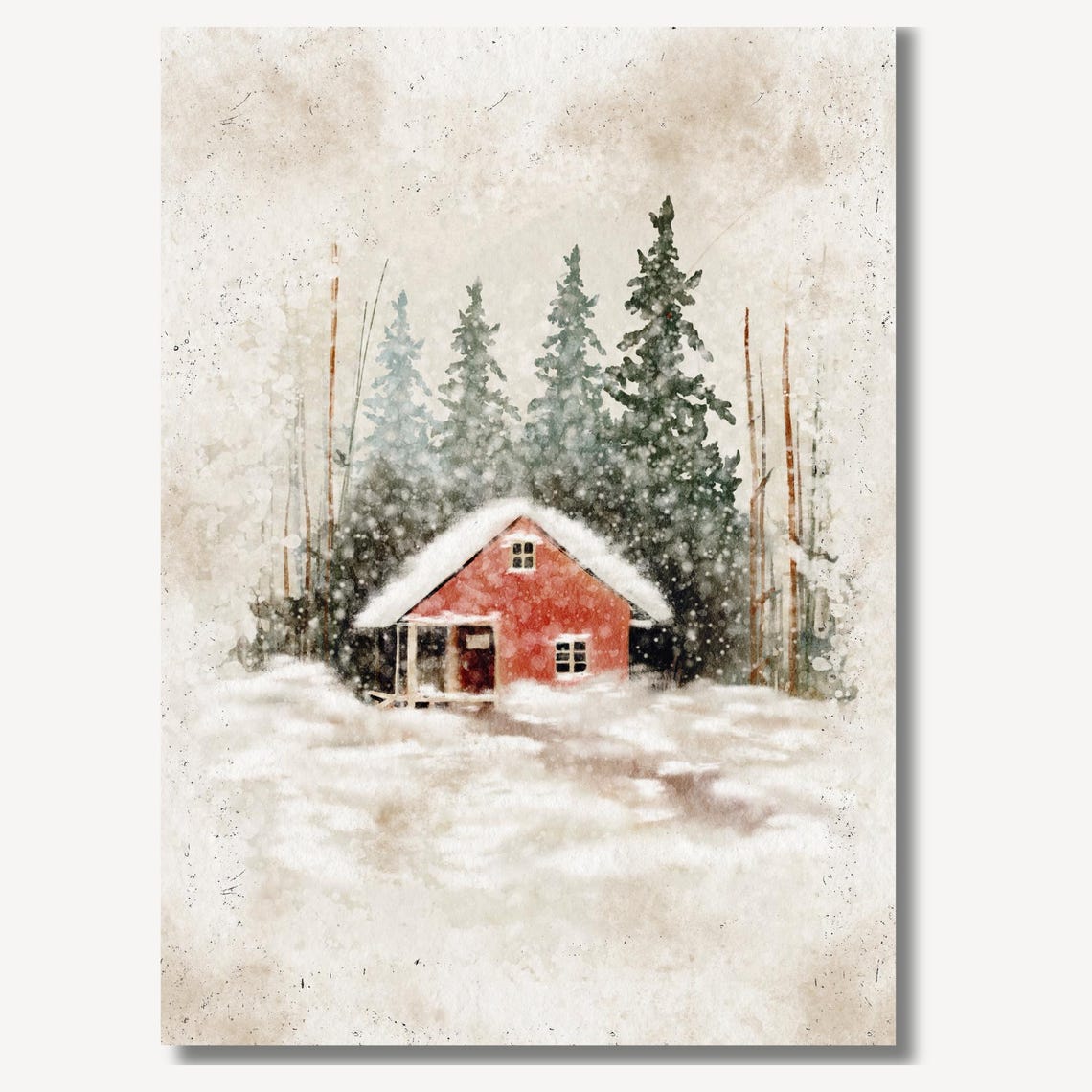 Red Cabin Snowy Forest Watercolor Winter Wonderland Wall Art - Image 2