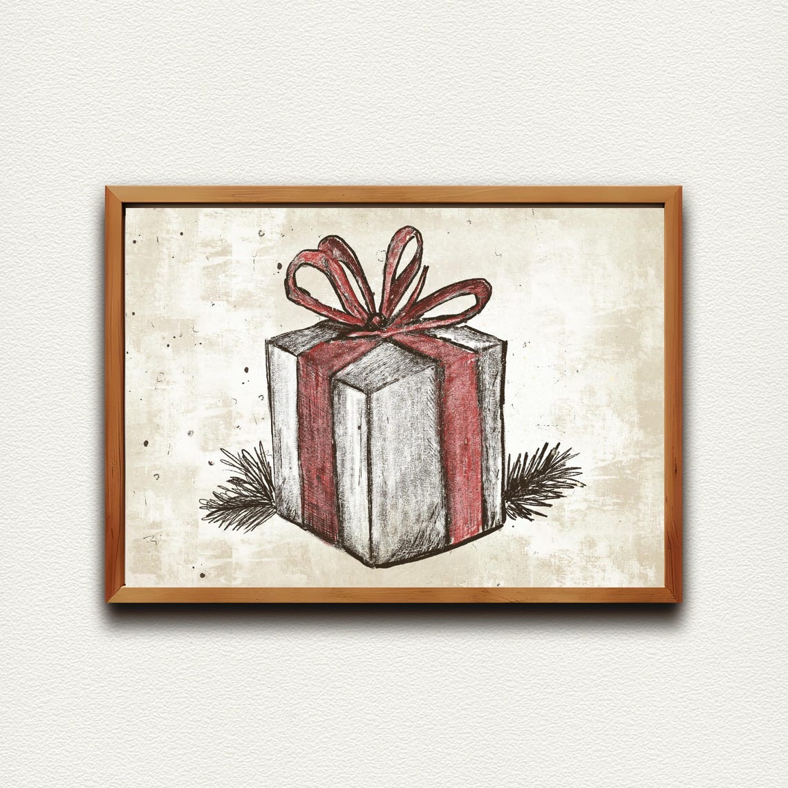 Wrapped Gift Box With Big Red Ribbon Bow Vintage Christmas Poster - Image 4