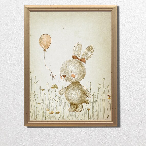 Cute Bunny with Balloon in Meadow Nursery Illustration Print