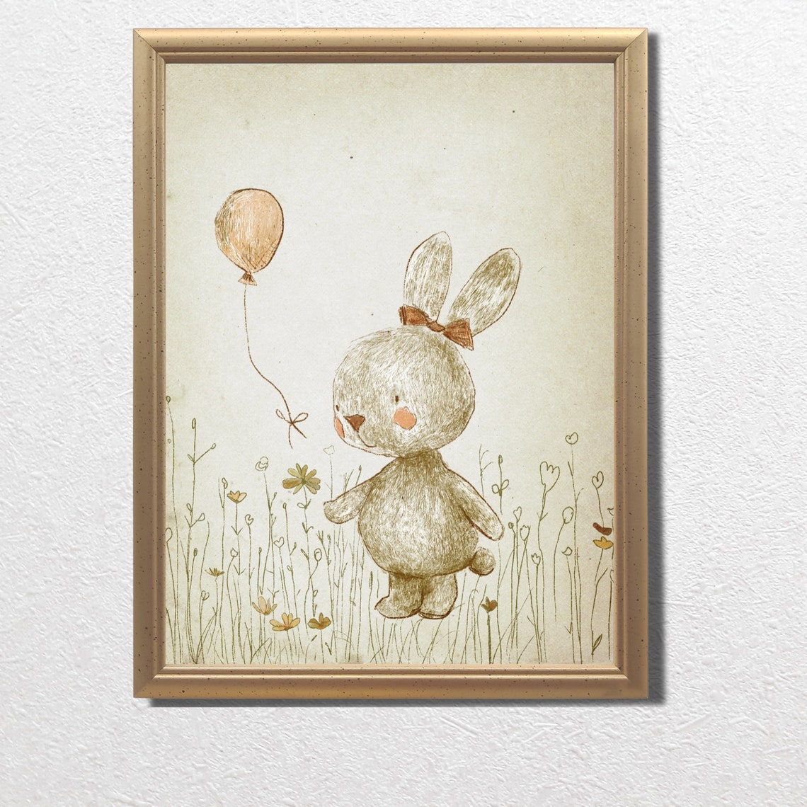 Cute Bunny with Balloon in Meadow Nursery Illustration Print