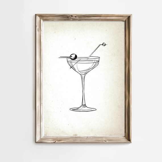 Minimalist Line Art Martini Glass Cocktail Bar Decor Wall Poster