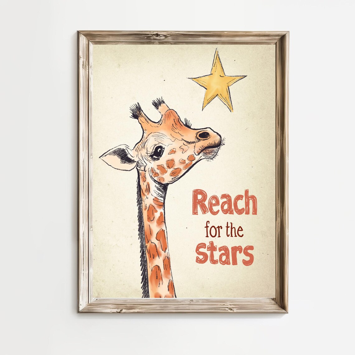 Reach for the Stars Cute Giraffe Kids Room Motivational Quote Poster