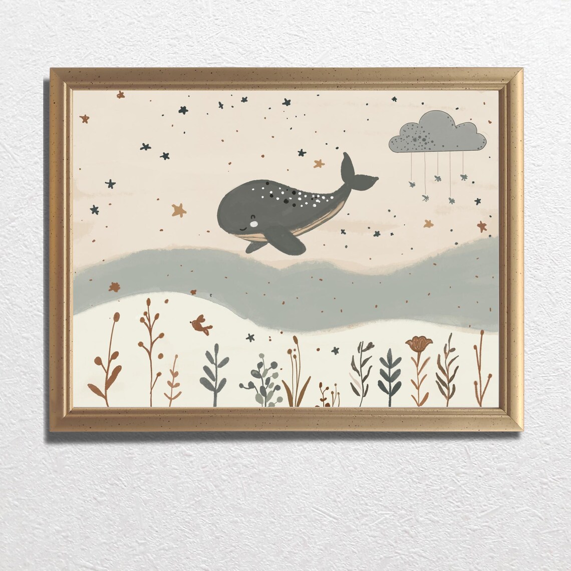 Dreamy Whale Floating Above Meadow Wildflowers Stars Nursery Poster
