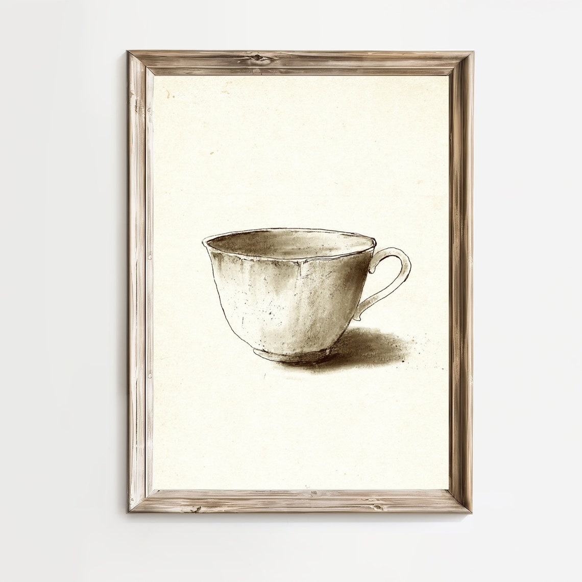Vintage Sepia Teacup Ink Sketch Rustic Farmhouse Kitchen Wall Art