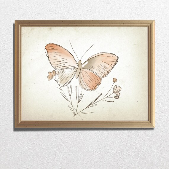 Vintage Butterfly Watercolor Floral Sprig Nursery Sketch Poster