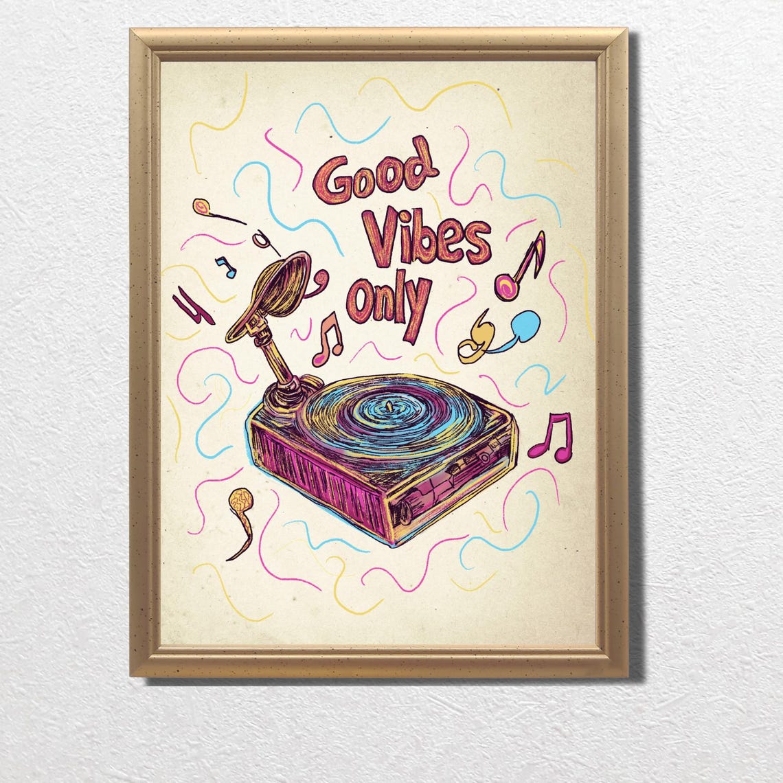 Good Vibes Only Retro Record Player Fun Music Quote Wall Poster - Image 3