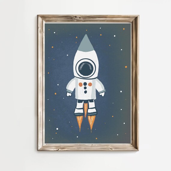 Vintage Rocket Astronaut Character Nursery Outer Space Poster