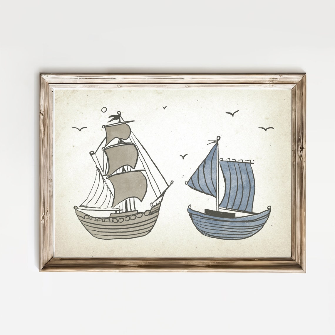 Two Vintage Sailing Ships Ink Sketch Kids Nautical Room Poster - Image 2