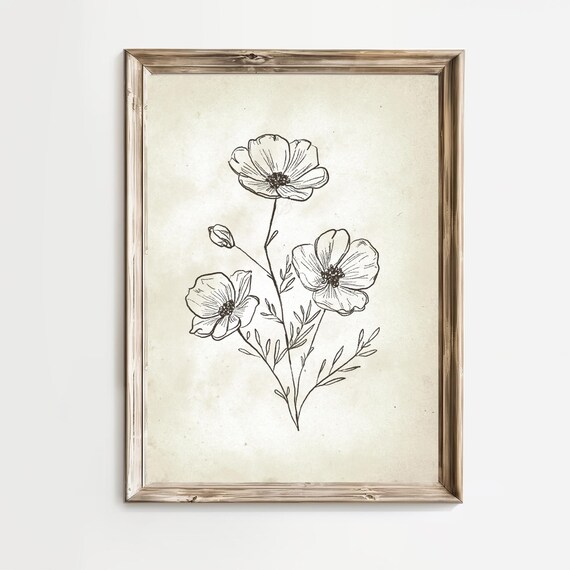 Wildflower Botanical Line Drawing Minimalist Ink Sketch Art Poster