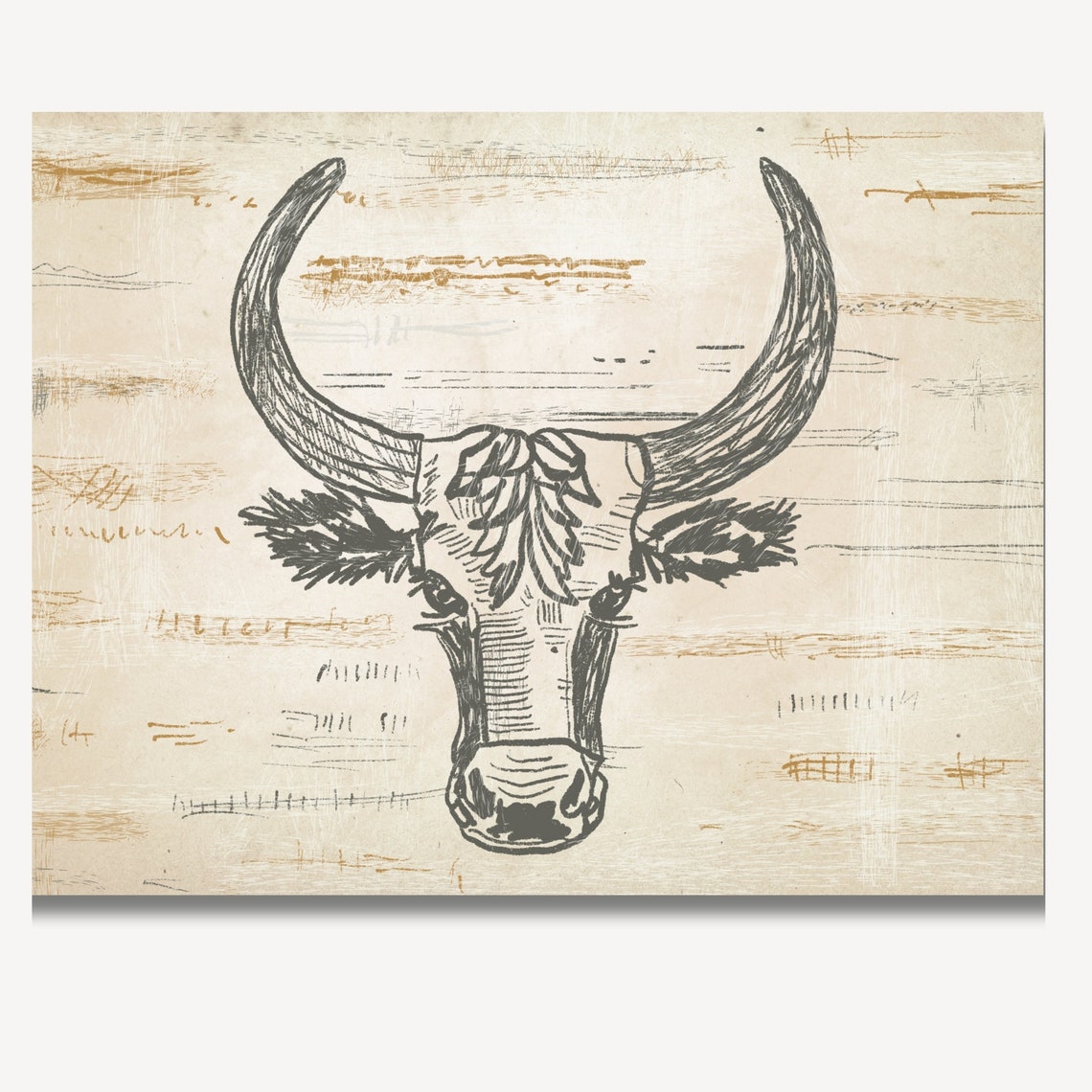 Longhorn Cow Head Line Sketch In Rustic Western Style Wall Art - Image 4