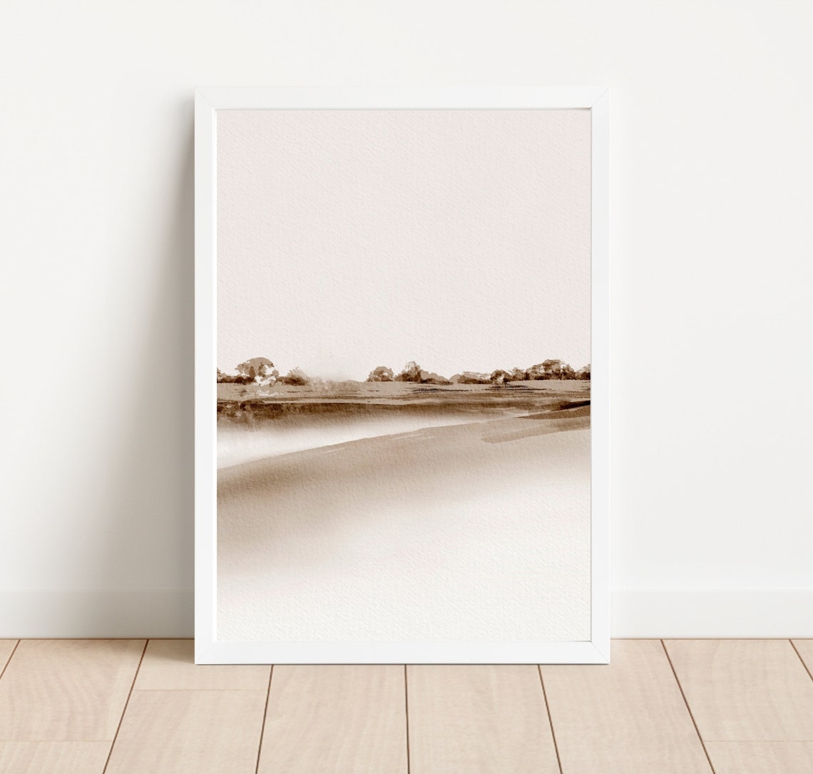 Neutral Beige Watercolor Landscape with Lake and Trees Poster