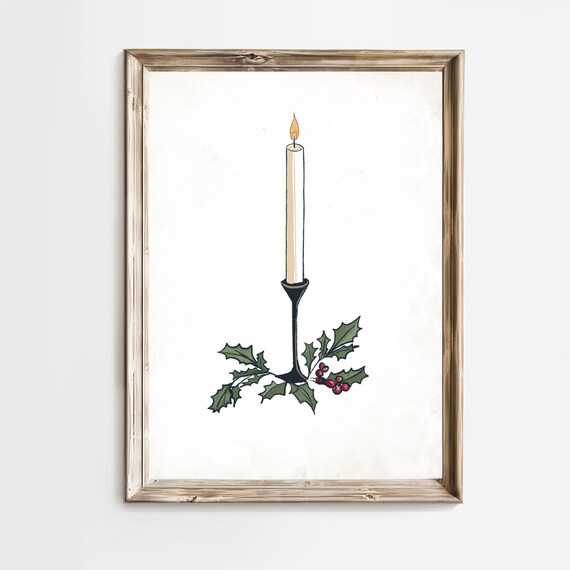 Vintage Christmas Candle With Holly In Rustic Holiday Style Poster