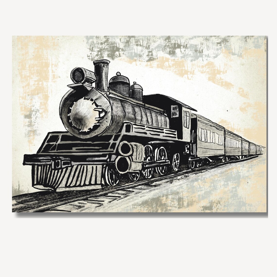 Vintage Steam Locomotive Ink Sketch Antique Train Nursery Poster - Image 3