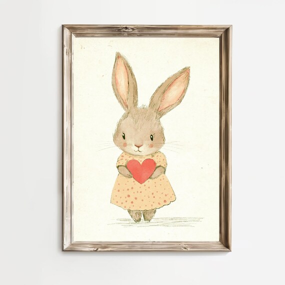 Cute Bunny in Polka Dot Dress Holding Red Heart Nursery Poster