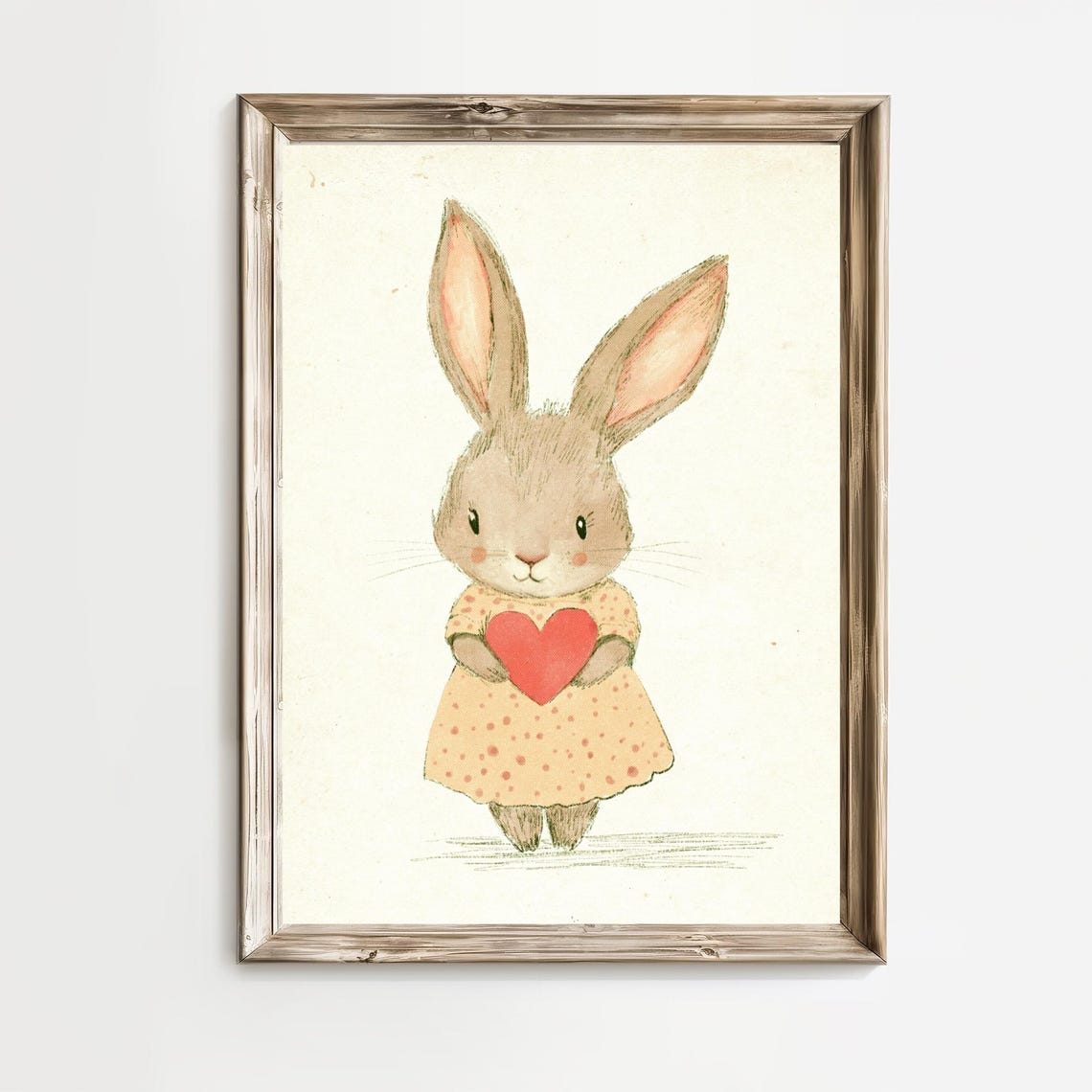 Cute Bunny in Polka Dot Dress Holding Red Heart Nursery Poster