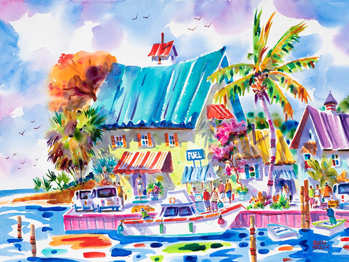 Tropical Waterfront Fuel Dock with Boats and Marina Shops Poster