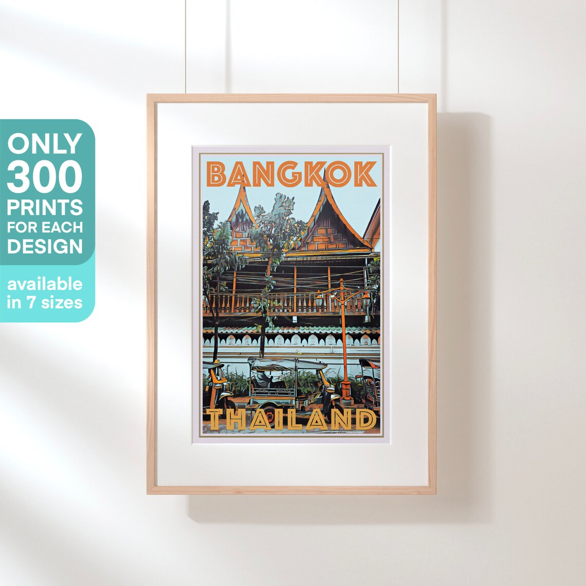 Bangkok Thailand Retro Travel Poster Temple Tuk Tuk Street Scene Art - Image 3