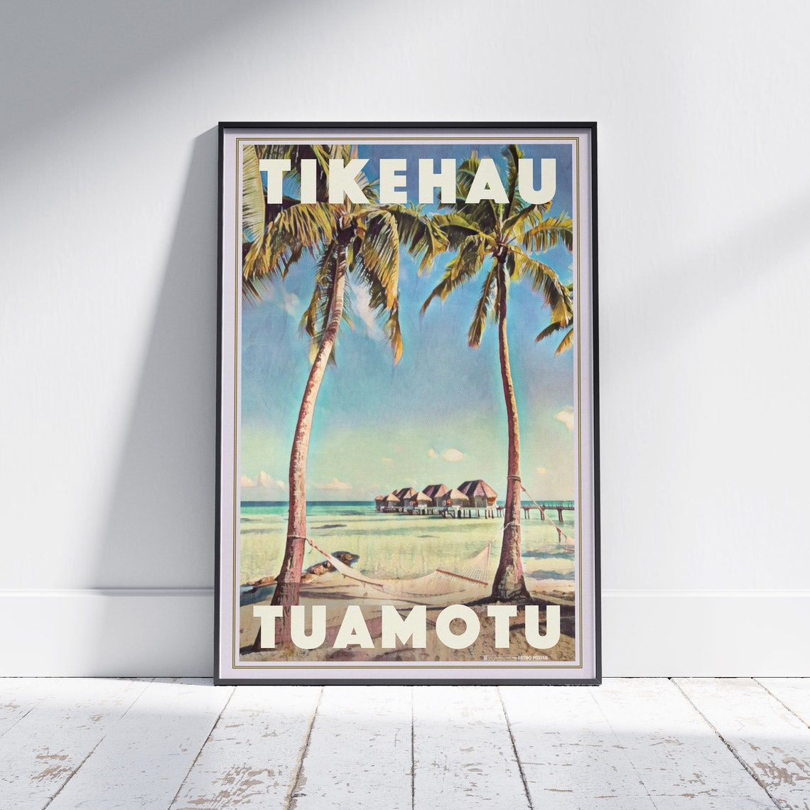Tikehau Tuamotu Tahiti Palm Hammock Beach Retro Travel Poster
