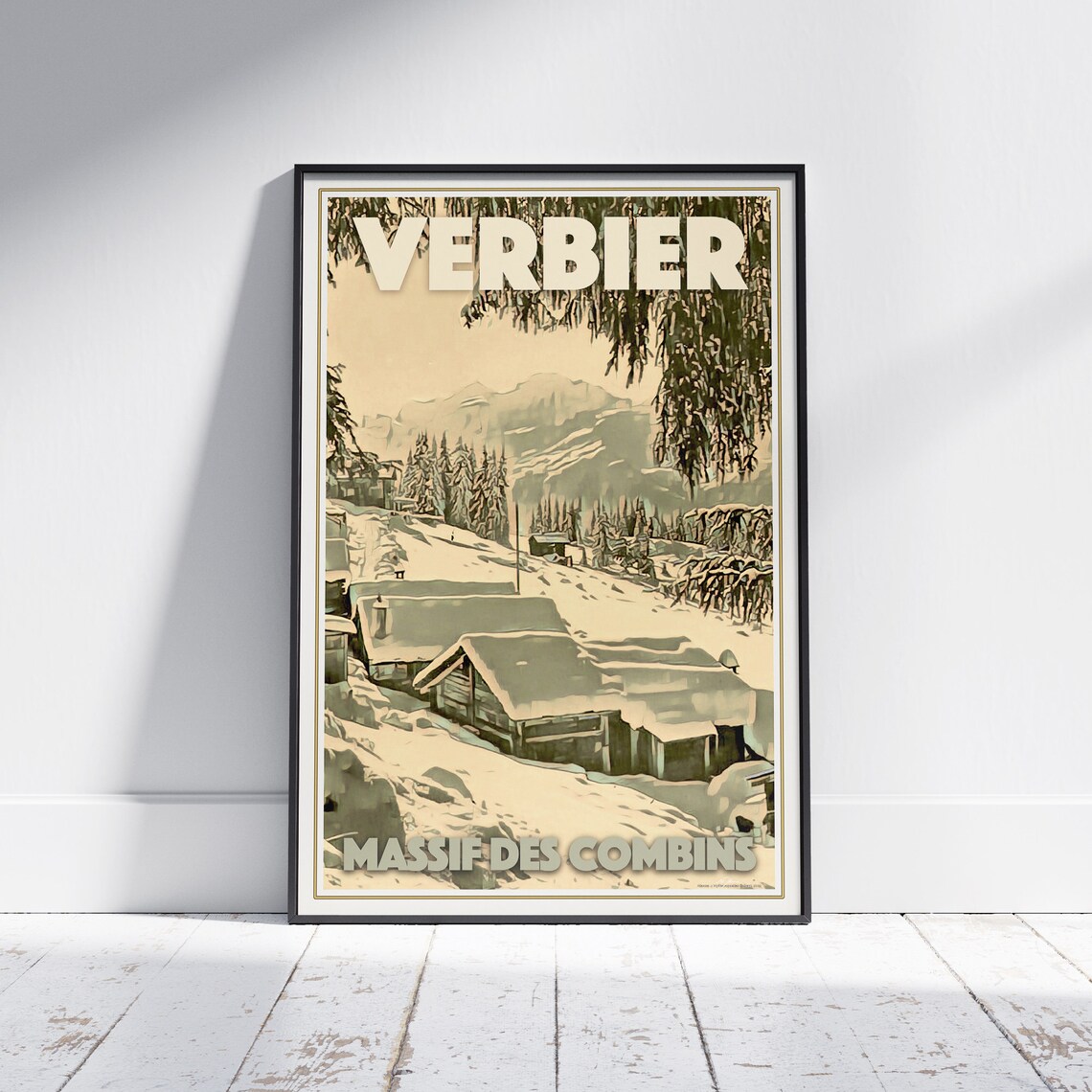 Verbier Massif des Combins Snowy Alpine Chalet Winter Travel Poster