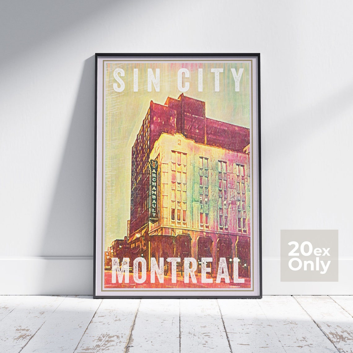 Montreal Sin City Archambault Building Night Retro Travel Poster