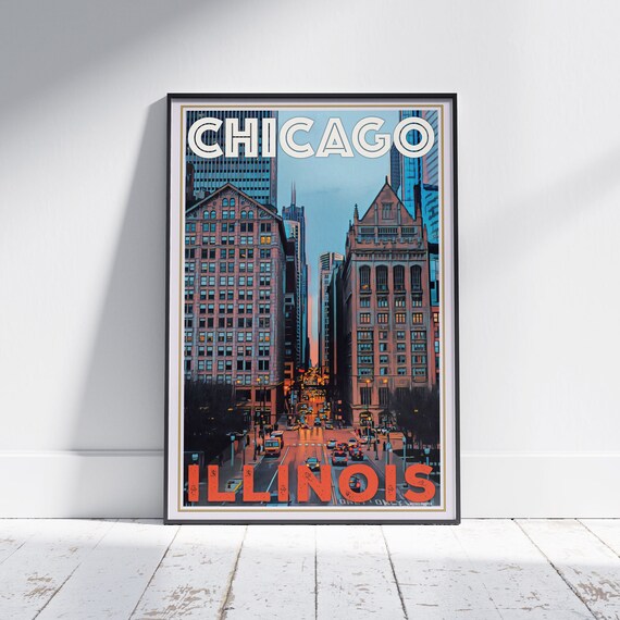 Chicago Illinois Downtown Street Rush Hour Dusk Retro Vintage Travel Poster