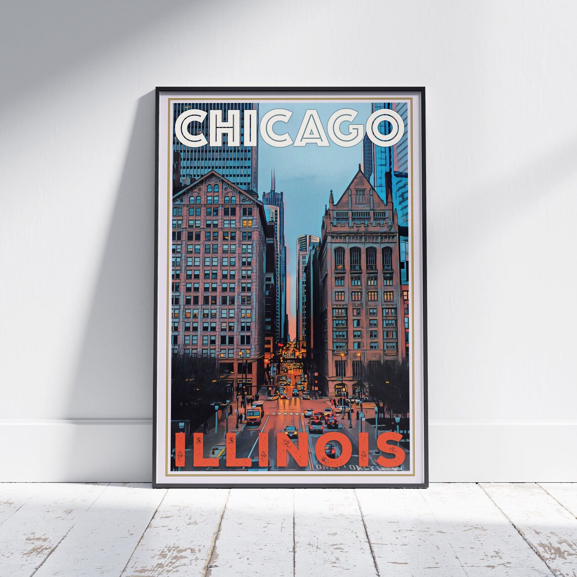 Chicago Illinois Downtown Street Rush Hour Dusk Retro Vintage Travel Poster