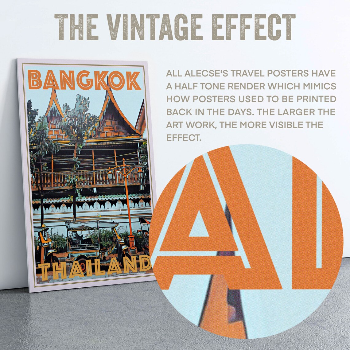Bangkok Thailand Retro Travel Poster Temple Tuk Tuk Street Scene Art - Image 2