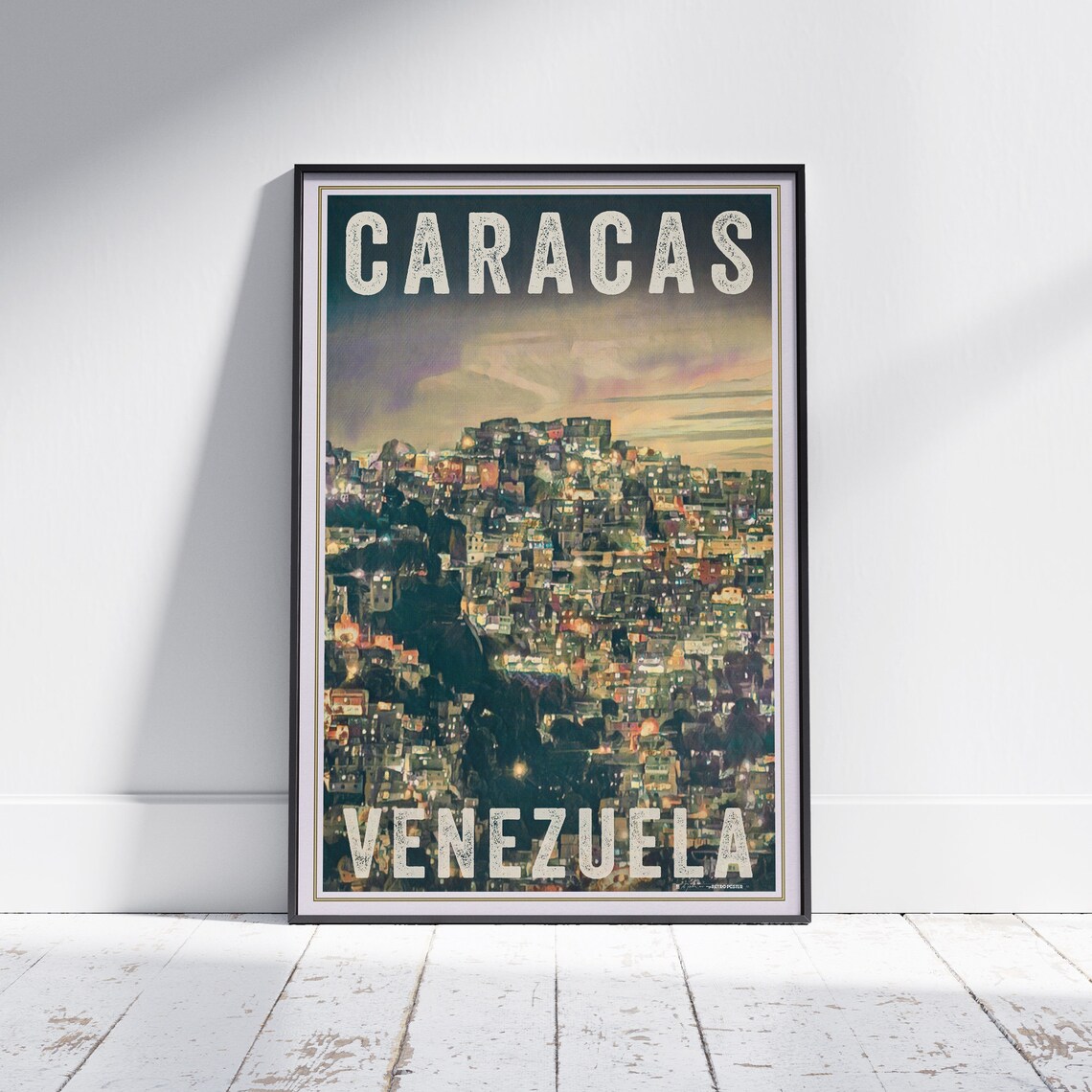 Caracas Venezuela Night Hillside City Lights Retro Travel Poster