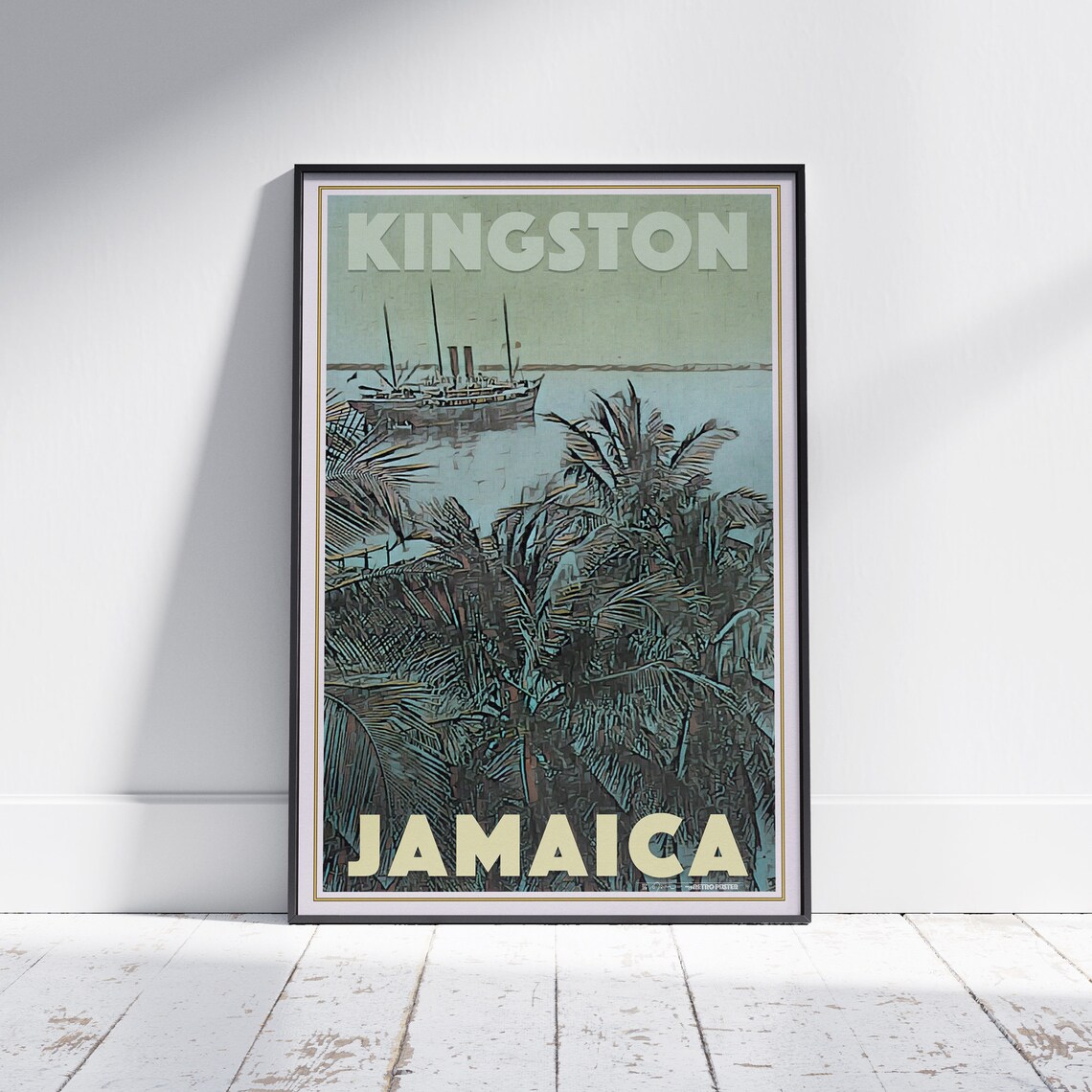 Kingston Harbor Steamship Palm Trees Jamaica Vintage Travel Poster
