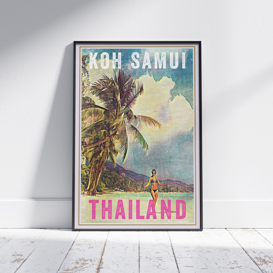 Koh Samui Thailand Retro Travel Poster Pin Up Beach Palm Tree Art