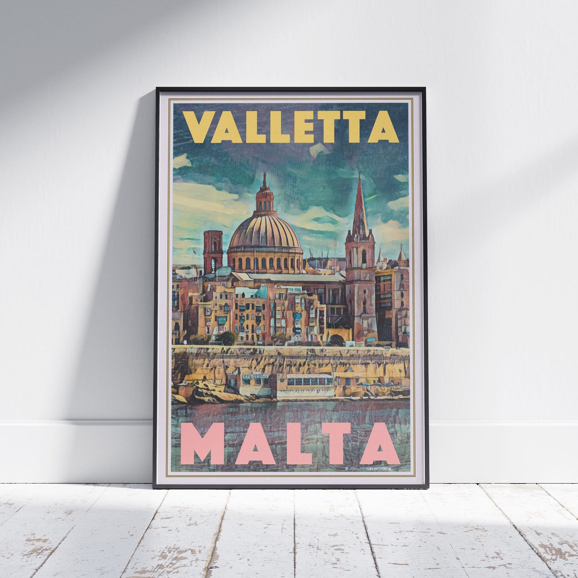 Valletta Malta Vintage Travel Poster Baroque Dome Harbor View Art