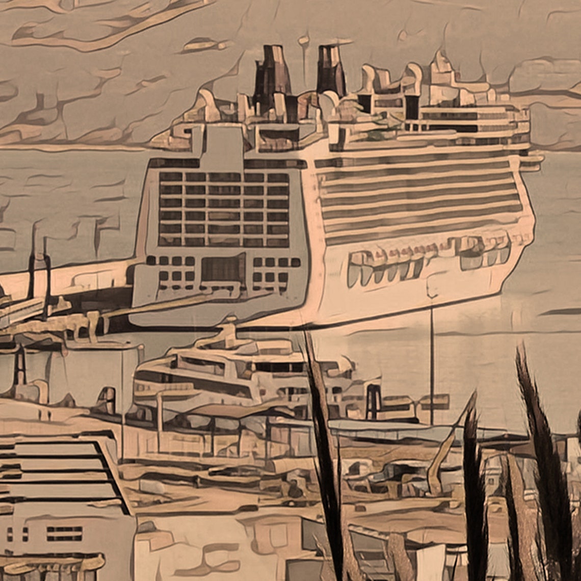 Tanger Morocco Harbor Cruise Ship Sepia Toned Vintage Travel Poster - Image 4