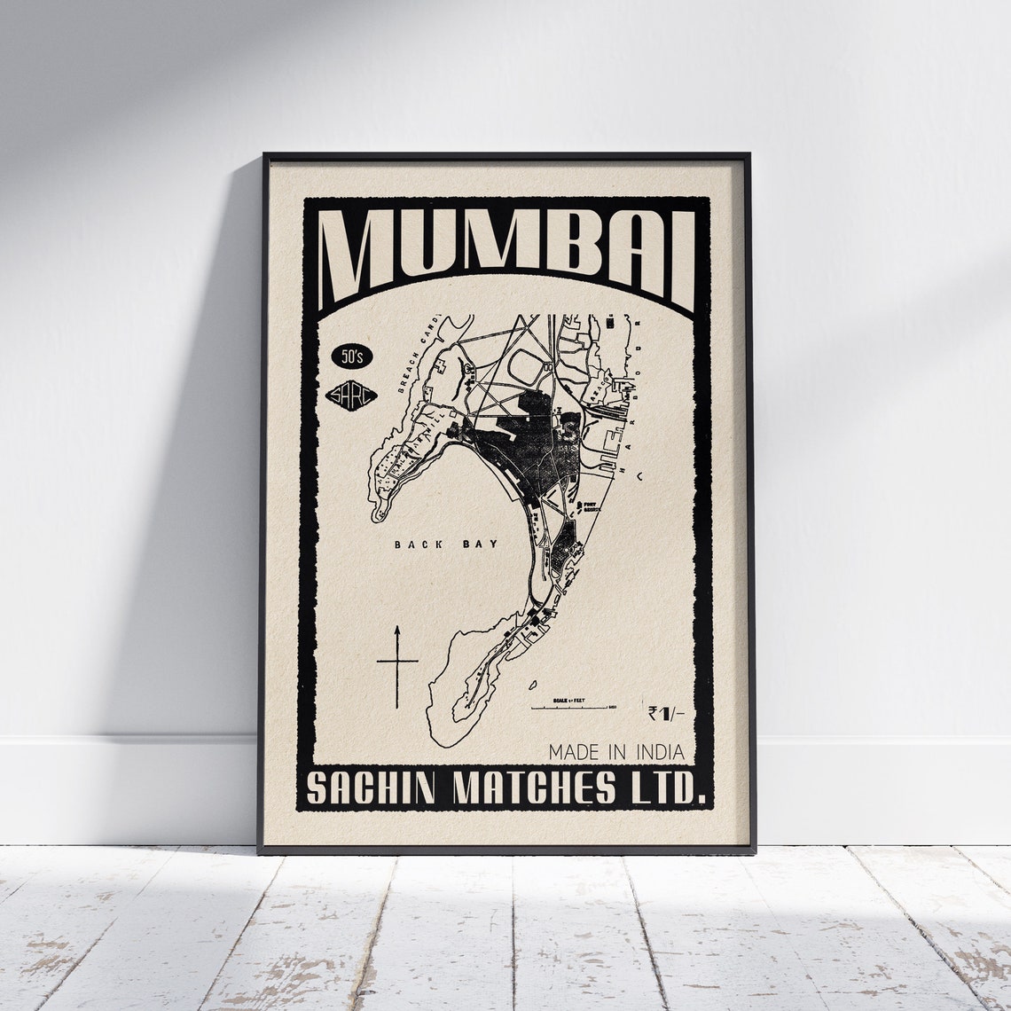 Mumbai Back Bay Vintage Map Matchbox Label Style India Poster