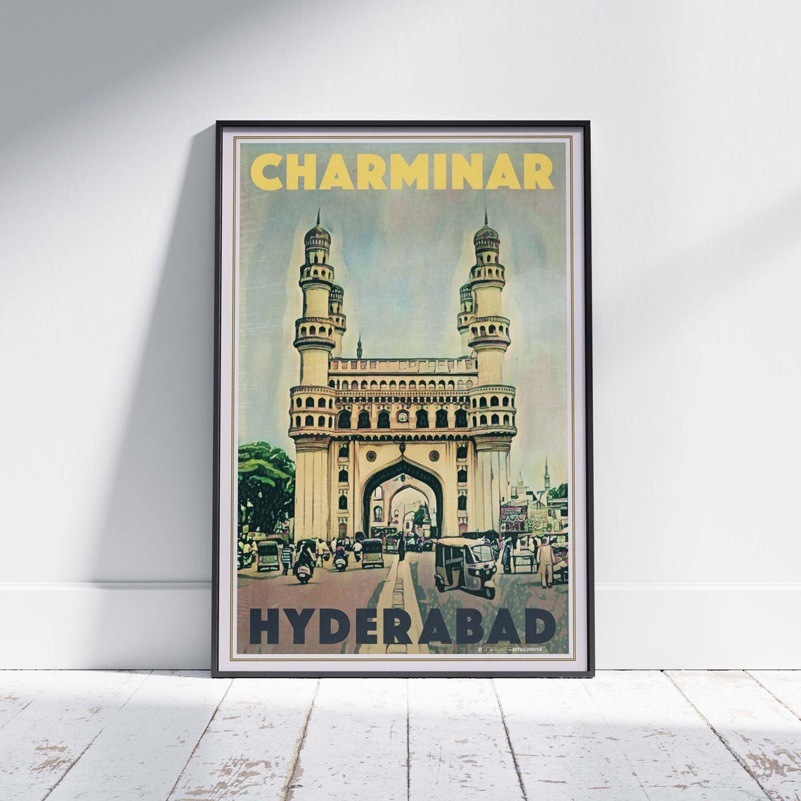 Hyderabad Charminar Monument Street Scene India Retro Travel Poster