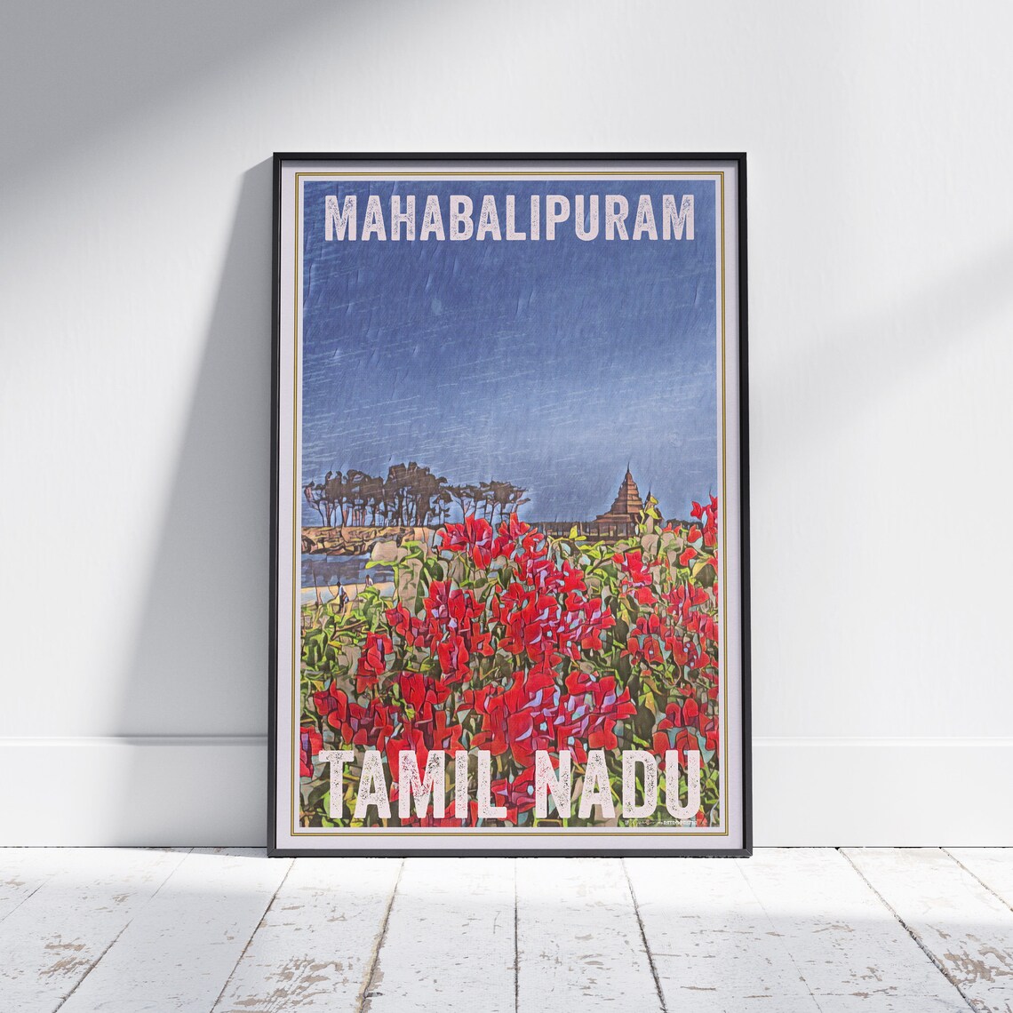 Mahabalipuram India Retro Travel Poster Tamil Nadu Temple Coast Art