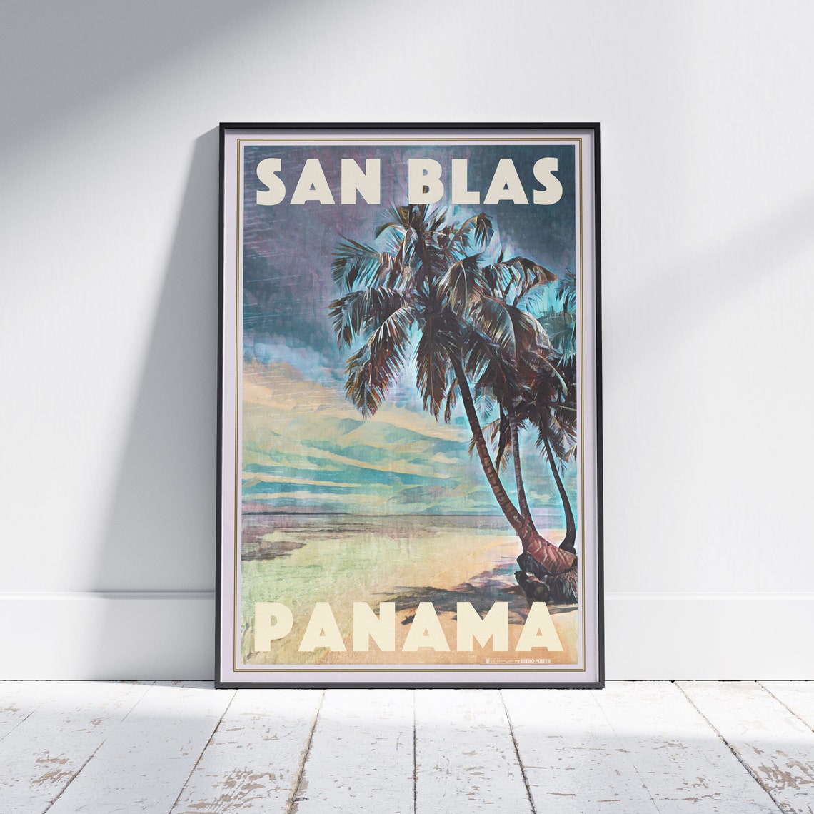 San Blas Panama Vintage Travel Poster With Leaning Palm Trees Beach