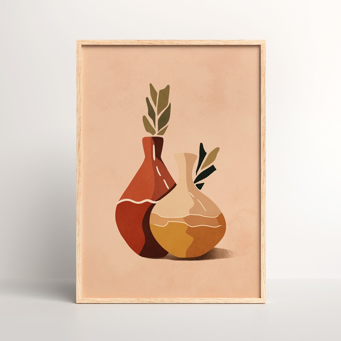 Pair of Rust Red and Cream Vases with Green Leaves Art Poster