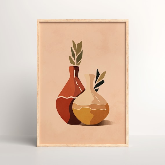 Pair of Rust Red and Cream Vases with Green Leaves Art Poster