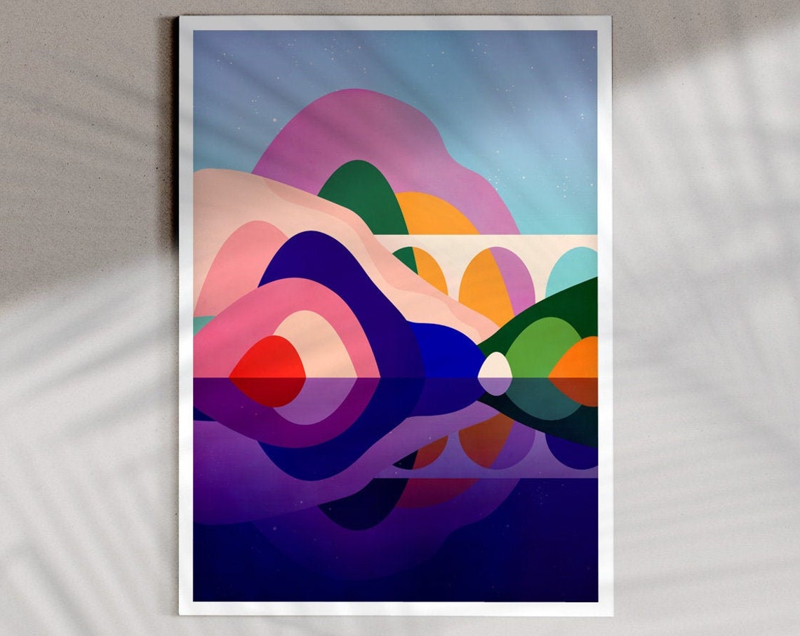 Colorful Abstract Bridge Over River Sunset Reflection Landscape Poster - Image 3