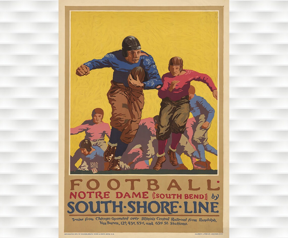 Notre Dame Football South Shore Line Leather Helmet Vintage Poster