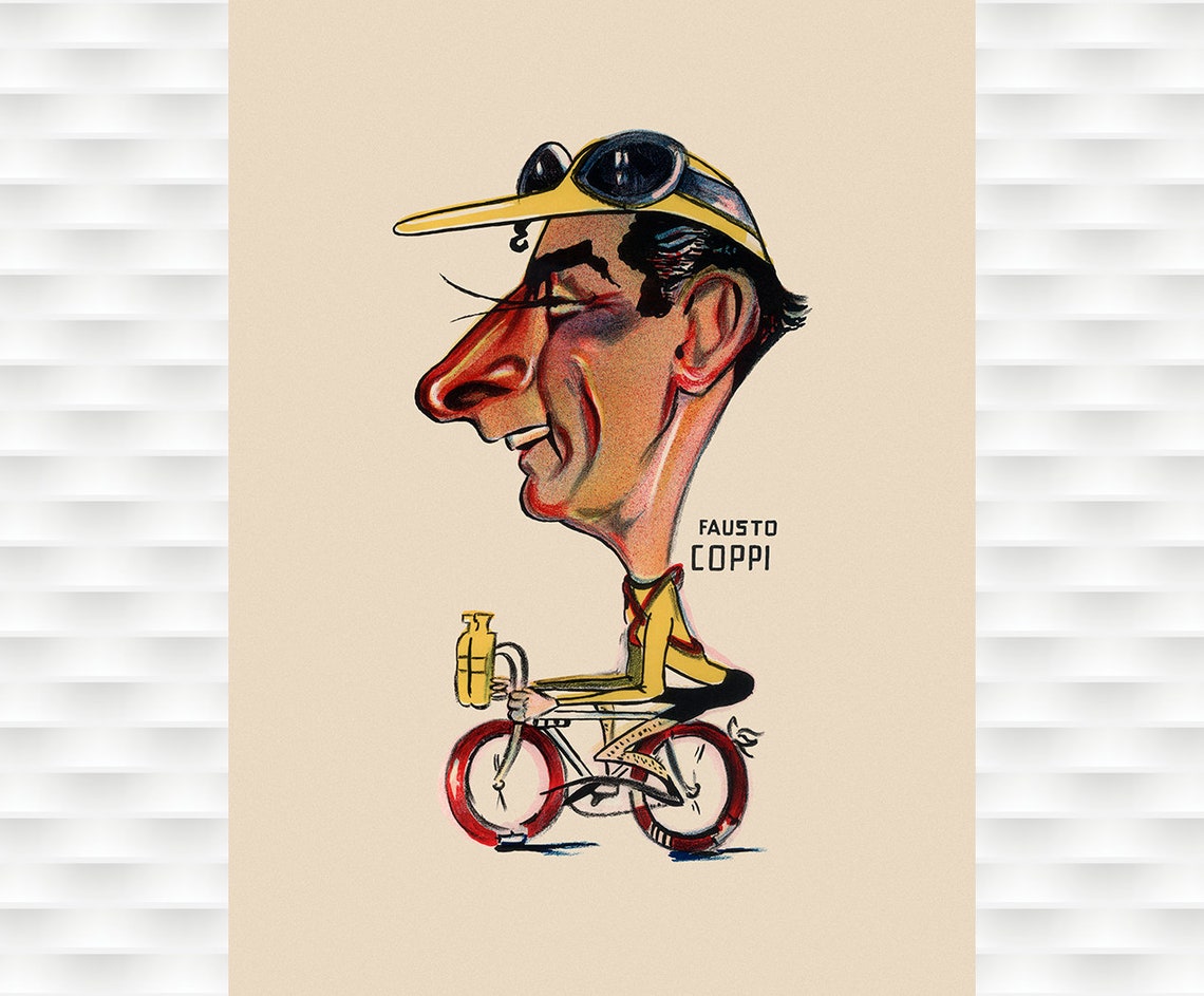 Fausto Coppi Vintage Italian Cycling Caricature Champion Rider Poster