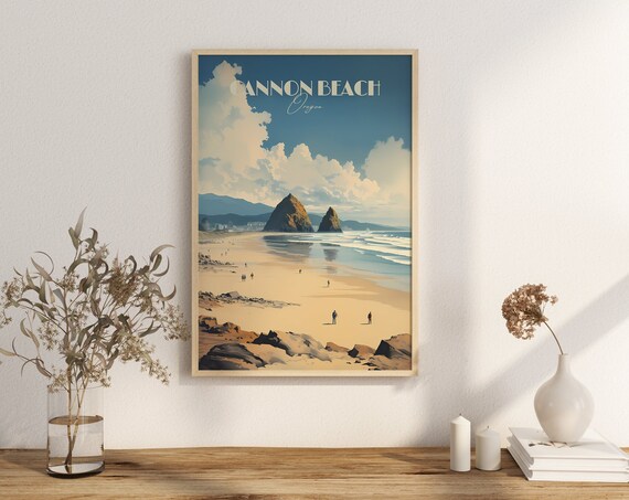 Cannon Beach Oregon Sea Stack Sunset Vintage Coastal Travel Poster