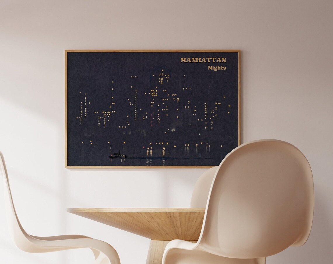Manhattan Nights New York City Skyline Lights Dark Vintage Poster